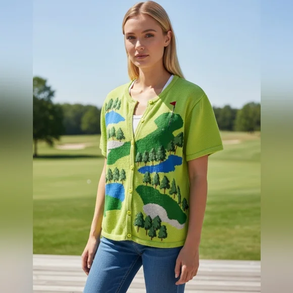 Vintage Classic Marisa Christina Green Golf Course Button Down Sweater Graphic - Picture 12 of 13